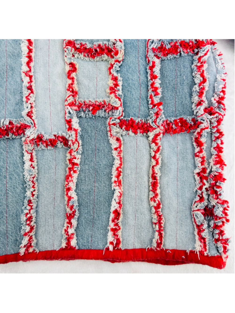 Vintage Heavy Denim Patchwork Jacket Red Lined Raw Fringe Seams Handmade READ - Picture 5 of 11